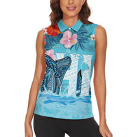 Personalised Hawaii Women Sleeveless Polo Shirt Humpback Whale Tattoo With Tropical Flowers LT14 - Polynesian Pride
