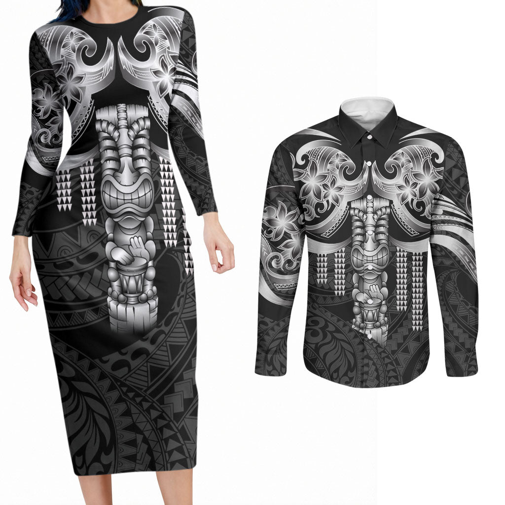 Tiki Drum Hawaii Couples Matching Long Sleeve Bodycon Dress and Long Sleeve Button Shirt Hawaiian Kakau Tattoo Style LT14 Black - Polynesian Pride