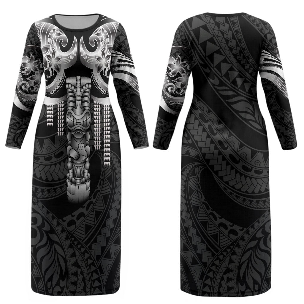Tiki Drum Hawaii Couples Matching Long Sleeve Bodycon Dress and Long Sleeve Button Shirt Hawaiian Kakau Tattoo Style LT14 - Polynesian Pride