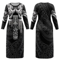 Tiki Drum Hawaii Couples Matching Long Sleeve Bodycon Dress and Long Sleeve Button Shirt Hawaiian Kakau Tattoo Style LT14 - Polynesian Pride