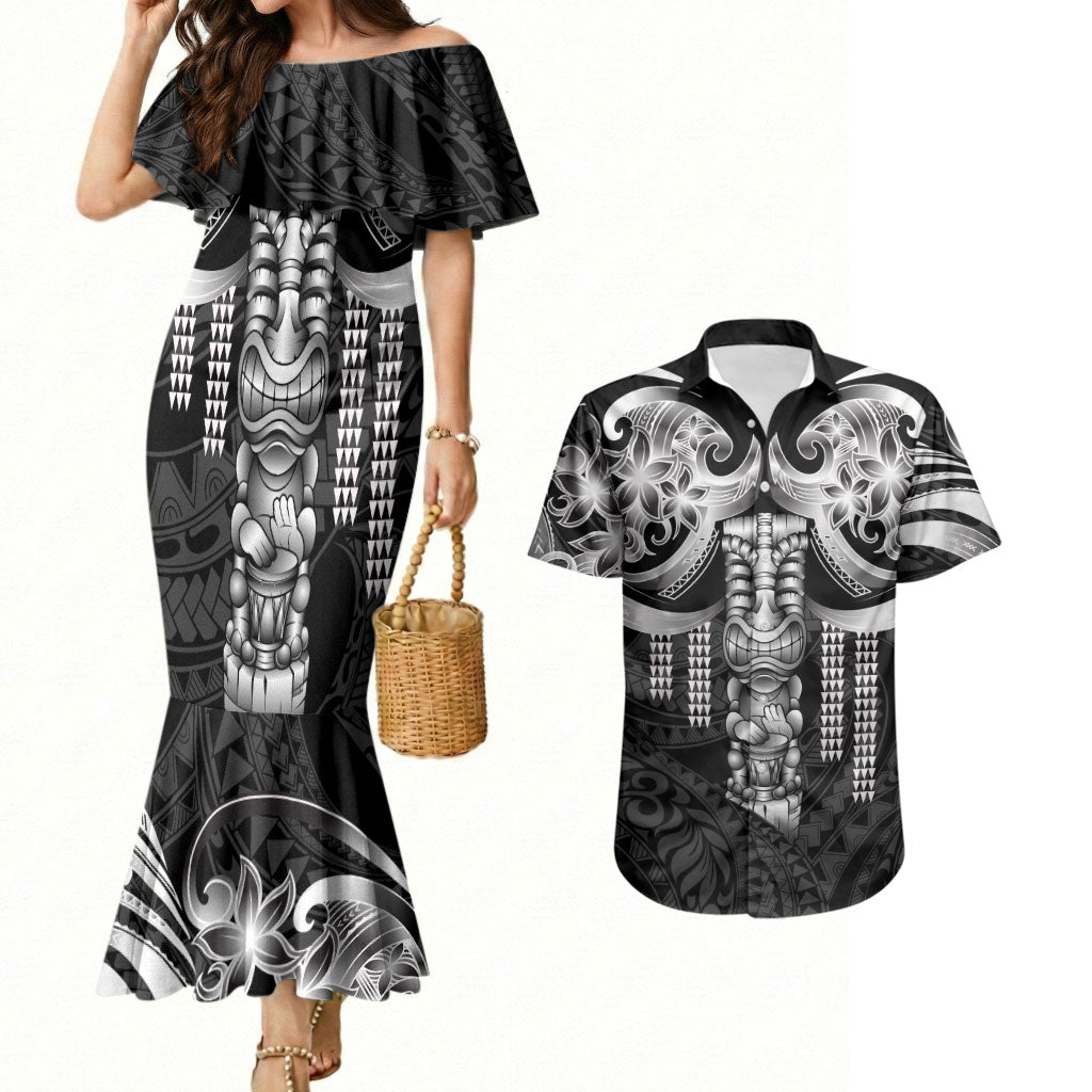 Tiki Drum Hawaii Couples Matching Mermaid Dress and Hawaiian Shirt Hawaiian Kakau Tattoo Style LT14 Black - Polynesian Pride