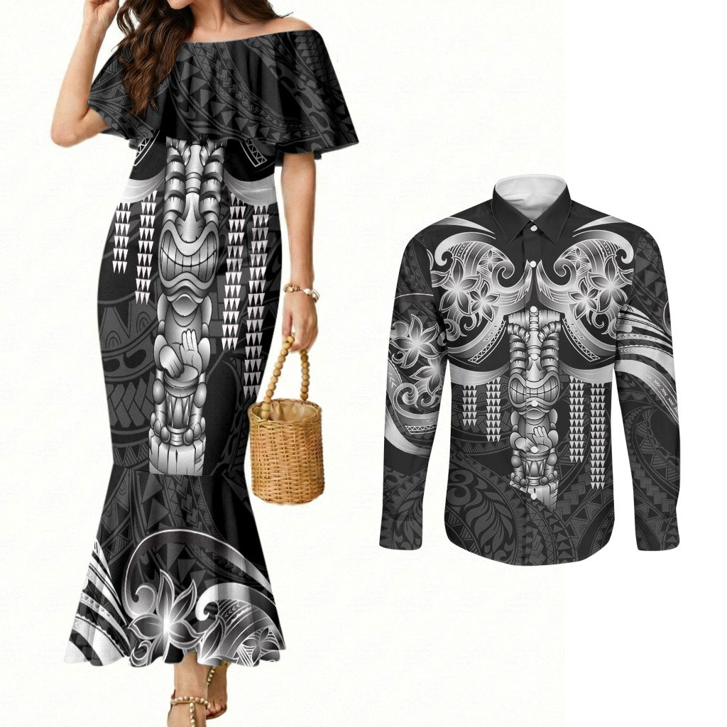 Tiki Drum Hawaii Couples Matching Mermaid Dress and Long Sleeve Button Shirt Hawaiian Kakau Tattoo Style LT14 Black - Polynesian Pride