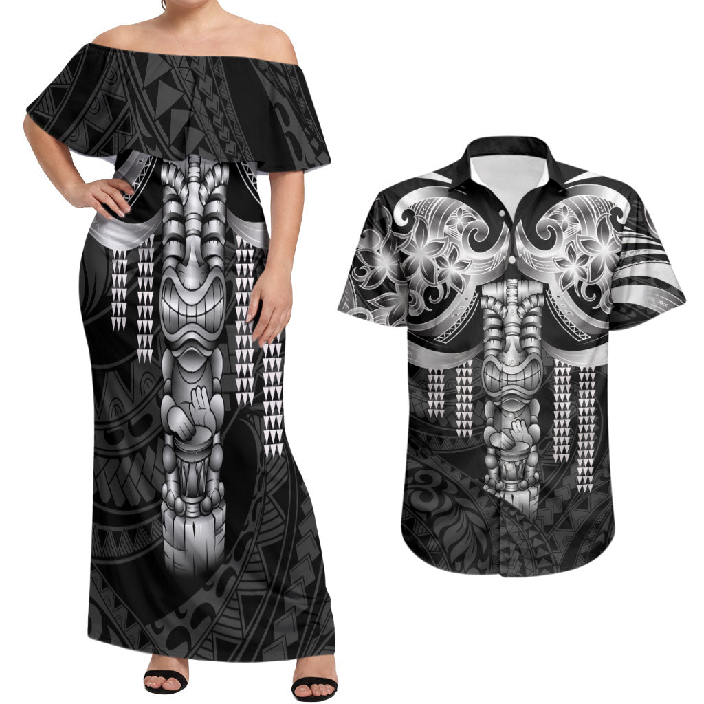 Tiki Drum Hawaii Couples Matching Off Shoulder Maxi Dress and Hawaiian Shirt Hawaiian Kakau Tattoo Style LT14 Black - Polynesian Pride