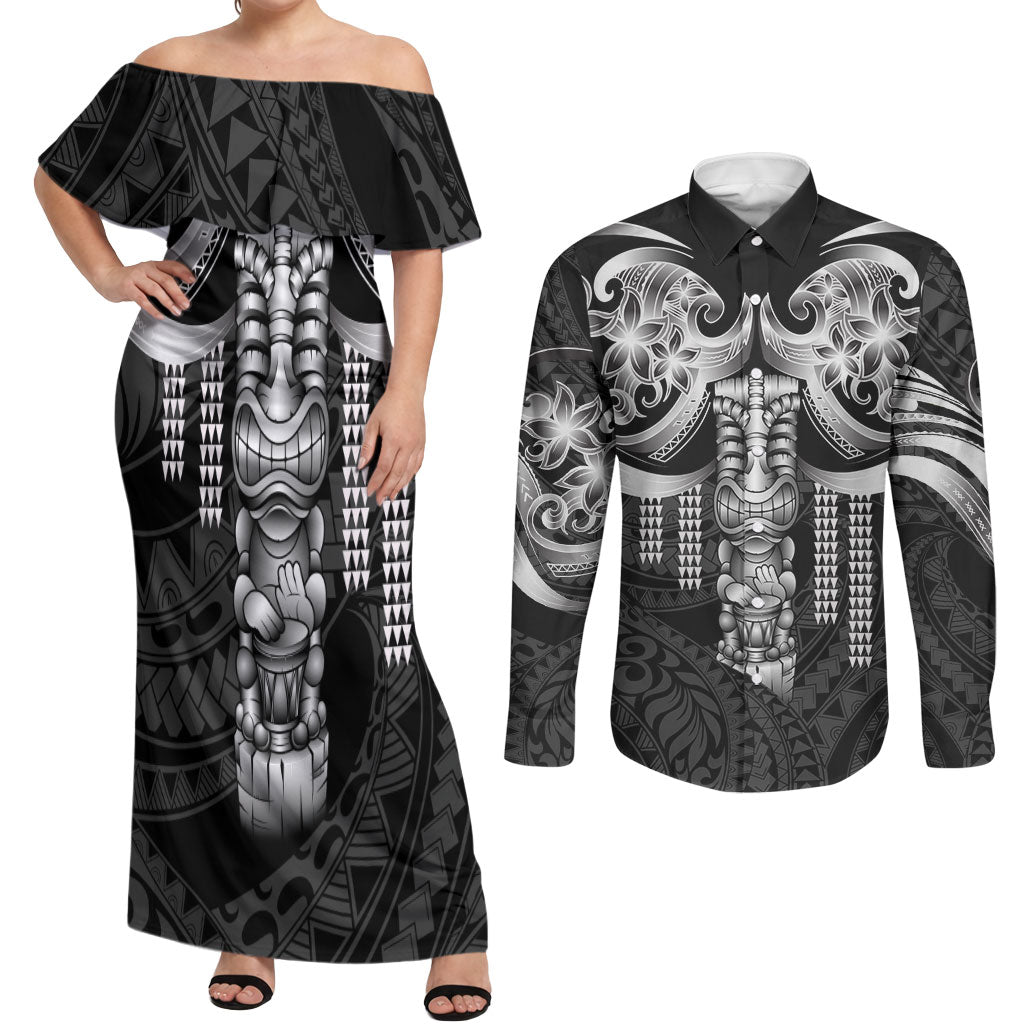 Tiki Drum Hawaii Couples Matching Off Shoulder Maxi Dress and Long Sleeve Button Shirt Hawaiian Kakau Tattoo Style LT14 Black - Polynesian Pride