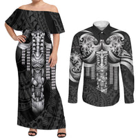 Tiki Drum Hawaii Couples Matching Off Shoulder Maxi Dress and Long Sleeve Button Shirt Hawaiian Kakau Tattoo Style LT14 Black - Polynesian Pride