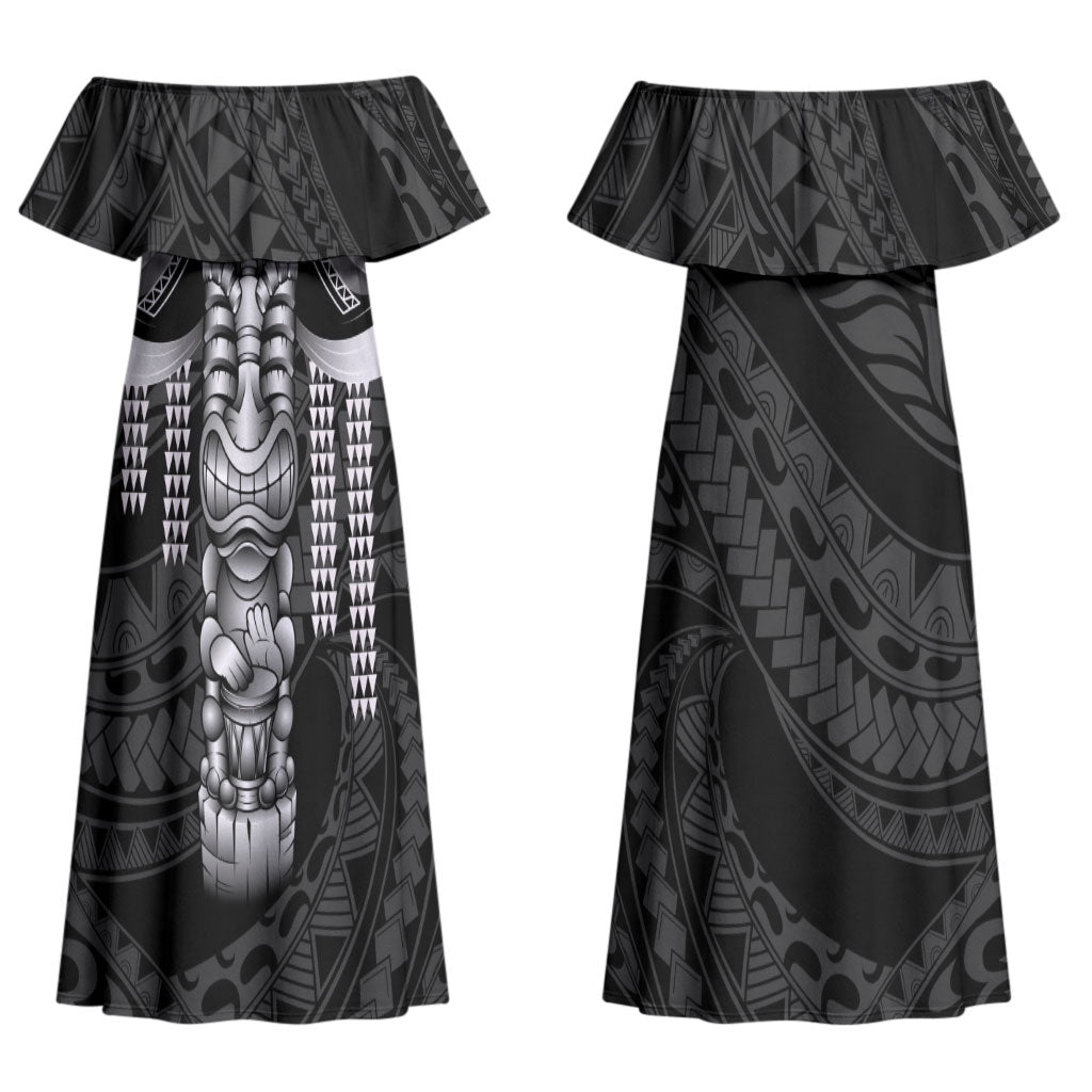 Tiki Drum Hawaii Couples Matching Off Shoulder Maxi Dress and Long Sleeve Button Shirt Hawaiian Kakau Tattoo Style LT14 - Polynesian Pride