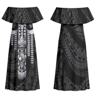 Tiki Drum Hawaii Couples Matching Off Shoulder Maxi Dress and Long Sleeve Button Shirt Hawaiian Kakau Tattoo Style LT14 - Polynesian Pride