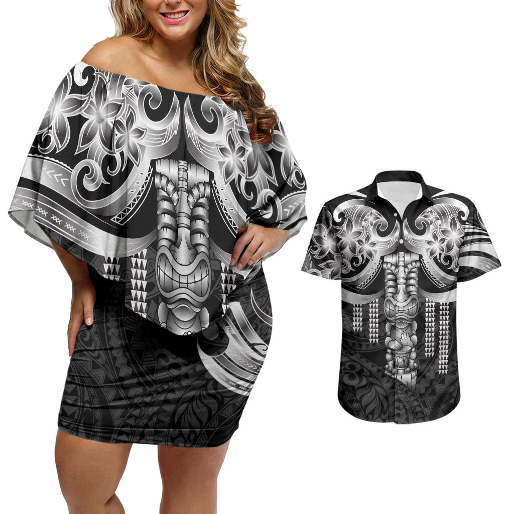 Tiki Drum Hawaii Couples Matching Off Shoulder Short Dress and Hawaiian Shirt Hawaiian Kakau Tattoo Style LT14 Black - Polynesian Pride