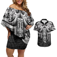 Tiki Drum Hawaii Couples Matching Off Shoulder Short Dress and Hawaiian Shirt Hawaiian Kakau Tattoo Style LT14 Black - Polynesian Pride