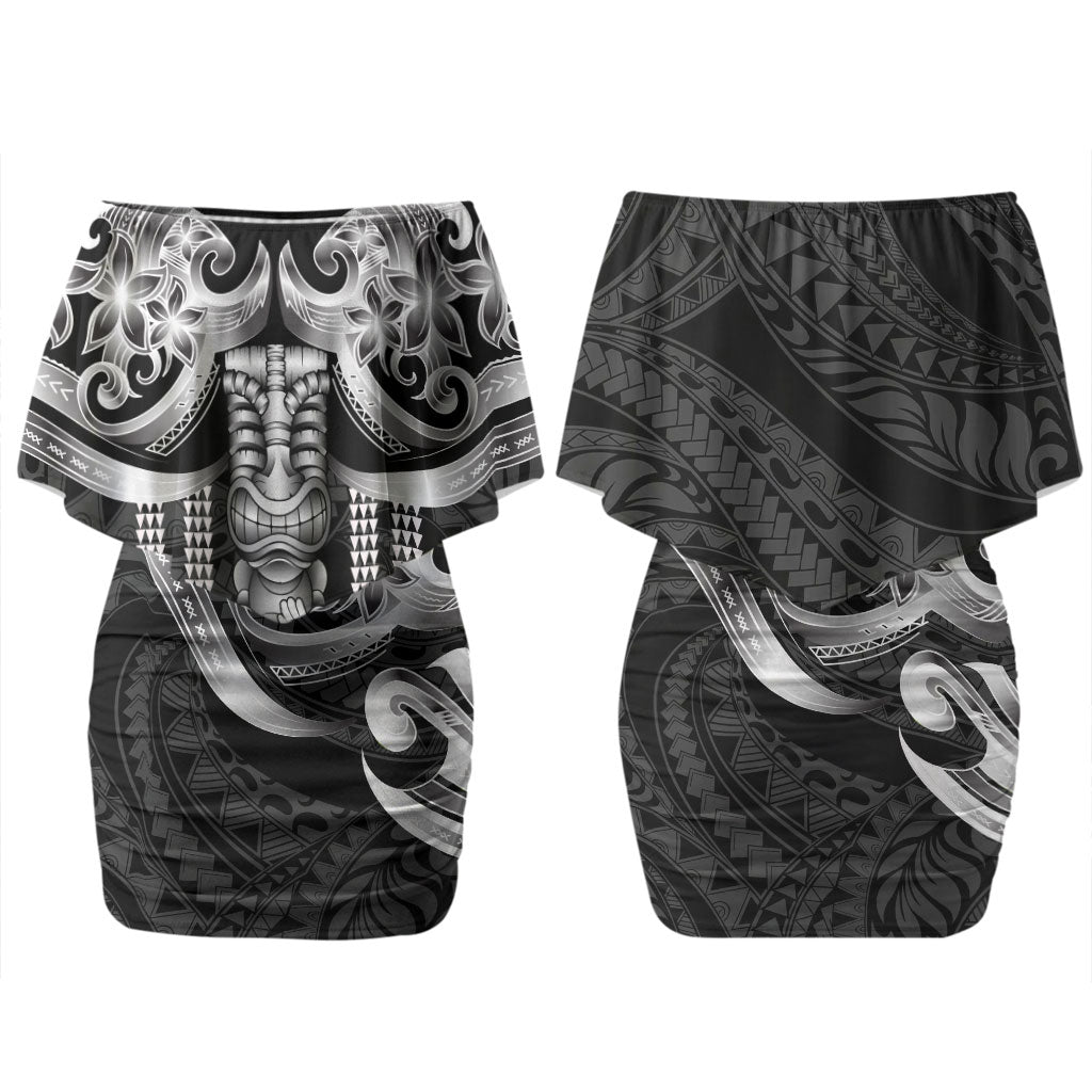 Tiki Drum Hawaii Couples Matching Off Shoulder Short Dress and Hawaiian Shirt Hawaiian Kakau Tattoo Style LT14 - Polynesian Pride