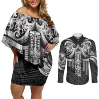 Tiki Drum Hawaii Couples Matching Off Shoulder Short Dress and Long Sleeve Button Shirt Hawaiian Kakau Tattoo Style LT14 Black - Polynesian Pride