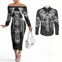Tiki Drum Hawaii Couples Matching Off The Shoulder Long Sleeve Dress and Long Sleeve Button Shirt Hawaiian Kakau Tattoo Style LT14 Black - Polynesian Pride