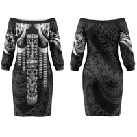 Tiki Drum Hawaii Couples Matching Off The Shoulder Long Sleeve Dress and Long Sleeve Button Shirt Hawaiian Kakau Tattoo Style LT14 - Polynesian Pride