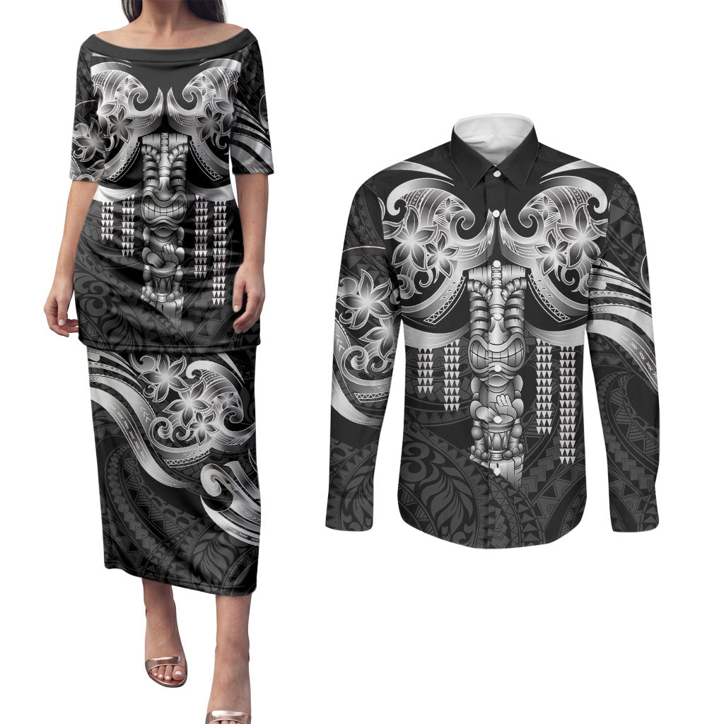 Tiki Drum Hawaii Couples Matching Puletasi and Long Sleeve Button Shirt Hawaiian Kakau Tattoo Style LT14 Black - Polynesian Pride