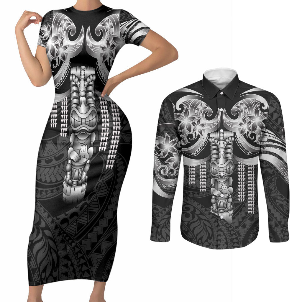 Tiki Drum Hawaii Couples Matching Short Sleeve Bodycon Dress and Long Sleeve Button Shirt Hawaiian Kakau Tattoo Style LT14 Black - Polynesian Pride
