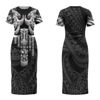 Tiki Drum Hawaii Couples Matching Short Sleeve Bodycon Dress and Long Sleeve Button Shirt Hawaiian Kakau Tattoo Style LT14 - Polynesian Pride
