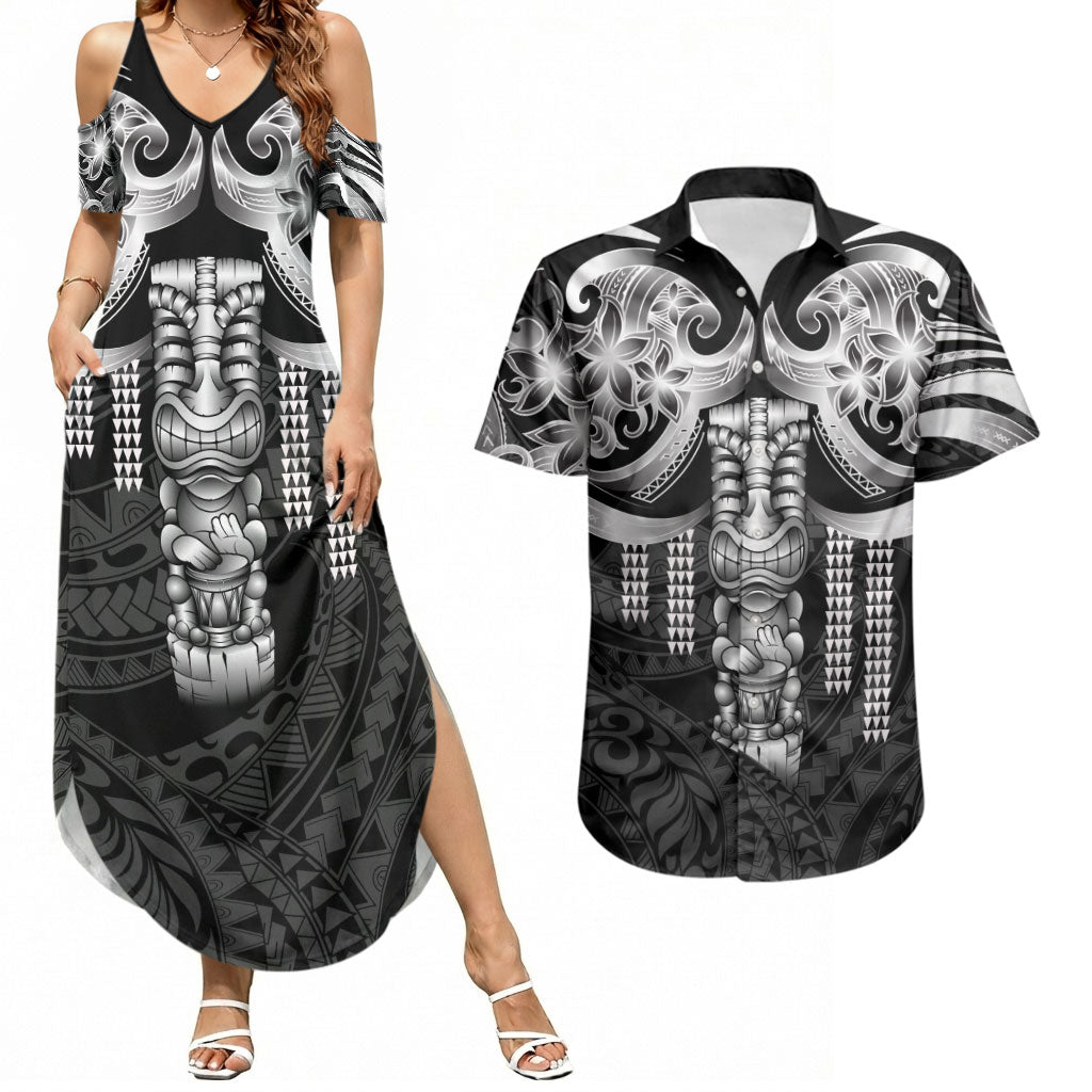 Tiki Drum Hawaii Couples Matching Summer Maxi Dress and Hawaiian Shirt Hawaiian Kakau Tattoo Style LT14 Black - Polynesian Pride