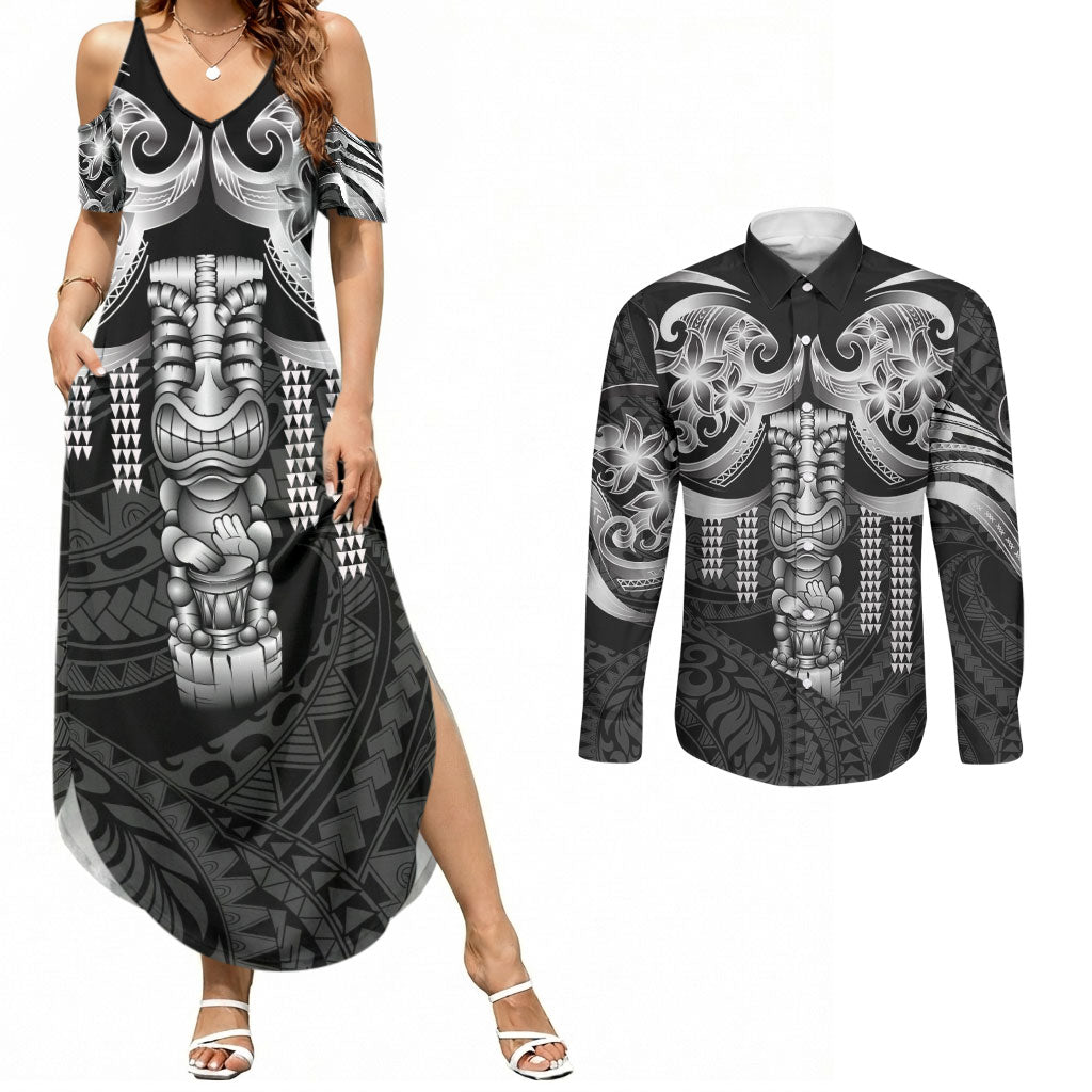 Tiki Drum Hawaii Couples Matching Summer Maxi Dress and Long Sleeve Button Shirt Hawaiian Kakau Tattoo Style LT14 Black - Polynesian Pride