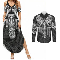 Tiki Drum Hawaii Couples Matching Summer Maxi Dress and Long Sleeve Button Shirt Hawaiian Kakau Tattoo Style LT14 Black - Polynesian Pride
