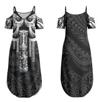 Tiki Drum Hawaii Couples Matching Summer Maxi Dress and Long Sleeve Button Shirt Hawaiian Kakau Tattoo Style LT14 - Polynesian Pride