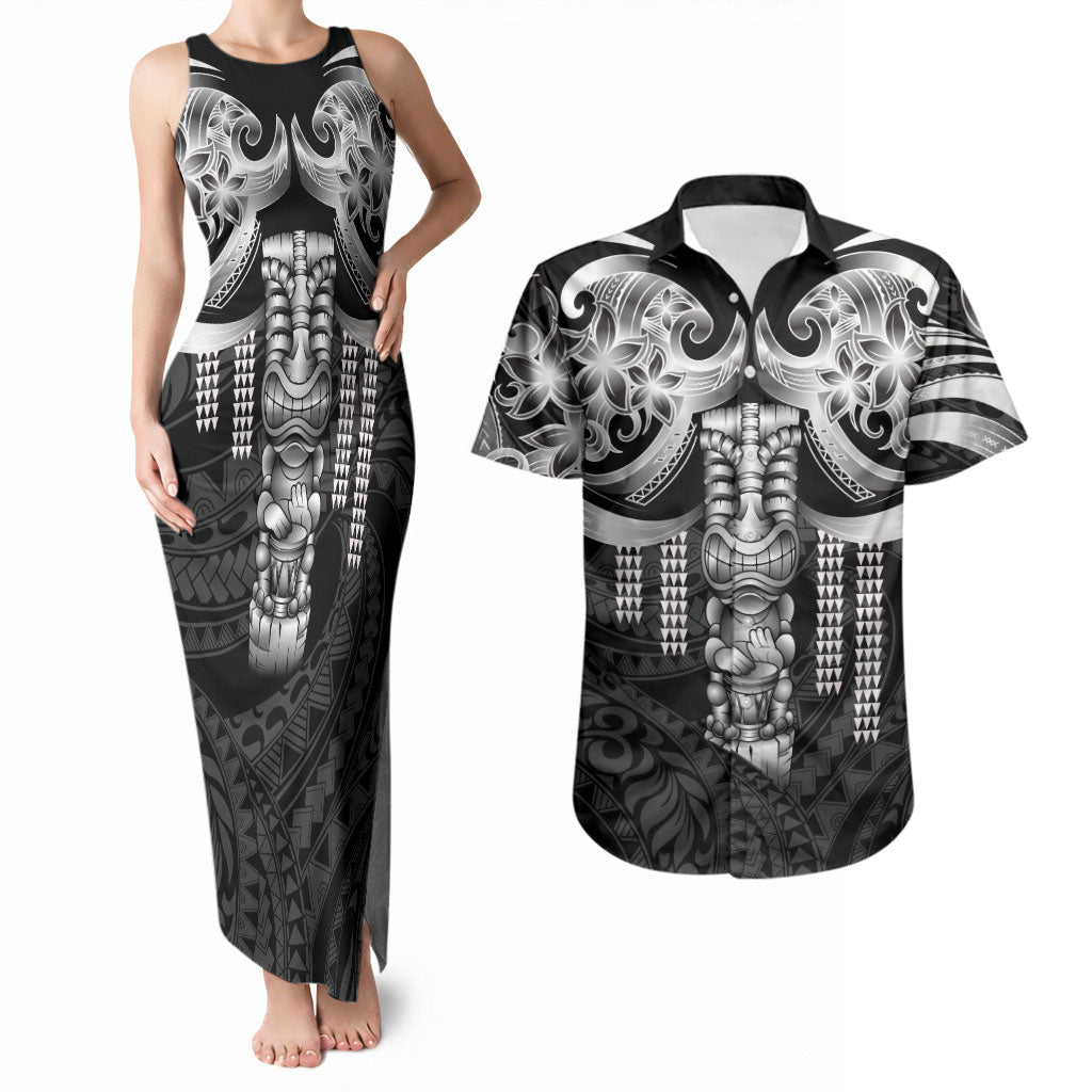 Tiki Drum Hawaii Couples Matching Tank Maxi Dress and Hawaiian Shirt Hawaiian Kakau Tattoo Style LT14 Black - Polynesian Pride