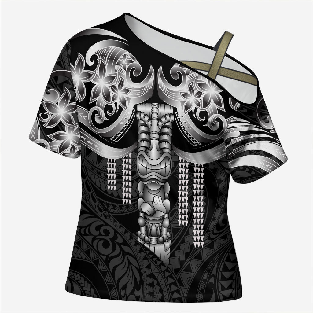 Tiki Drum Hawaii Cross Shoulder Shirt Hawaiian Kakau Tattoo Style LT14 Female Black - Polynesian Pride