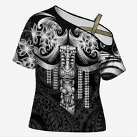 Tiki Drum Hawaii Cross Shoulder Shirt Hawaiian Kakau Tattoo Style LT14 Female Black - Polynesian Pride