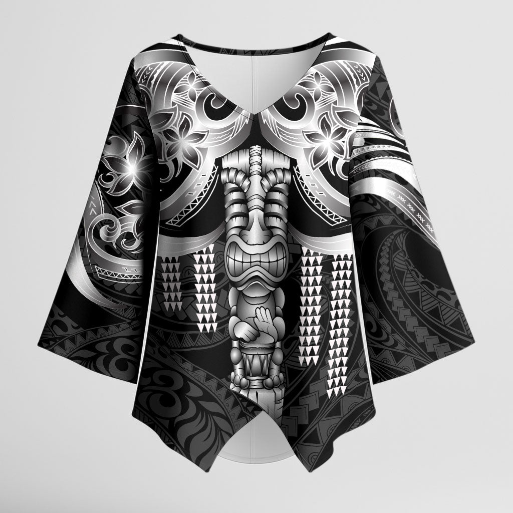 Tiki Drum Hawaii Kimono Sleeve Blouse Hawaiian Kakau Tattoo Style LT14 Female Black - Polynesian Pride