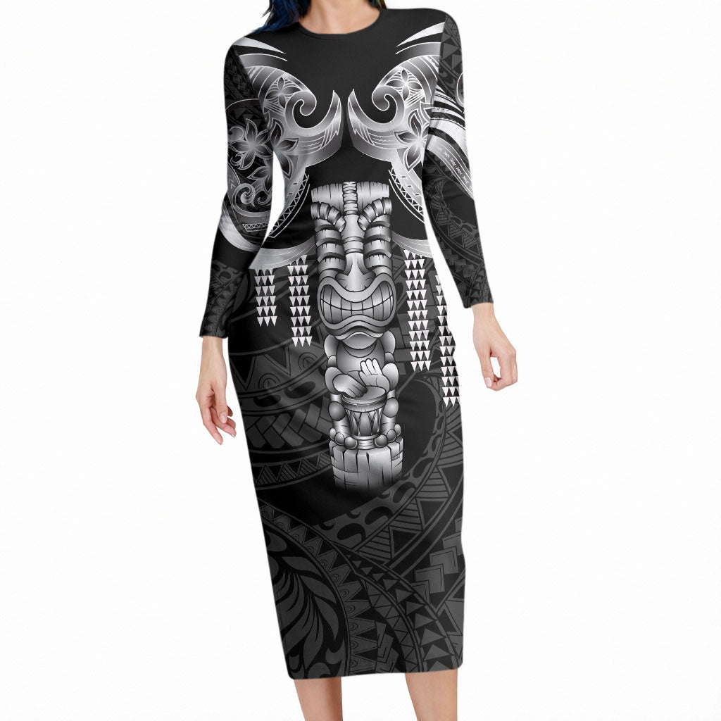 Tiki Drum Hawaii Long Sleeve Bodycon Dress Hawaiian Kakau Tattoo Style LT14 Long Dress Black - Polynesian Pride