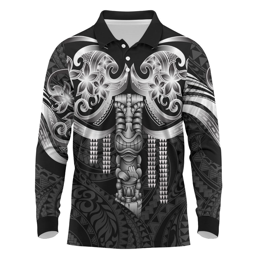 Tiki Drum Hawaii Long Sleeve Polo Shirt Hawaiian Kakau Tattoo Style LT14 Black - Polynesian Pride