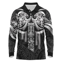 Tiki Drum Hawaii Long Sleeve Polo Shirt Hawaiian Kakau Tattoo Style LT14 Black - Polynesian Pride