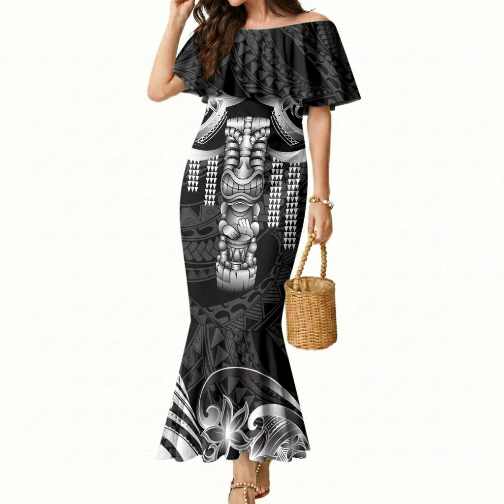 Tiki Drum Hawaii Mermaid Dress Hawaiian Kakau Tattoo Style LT14 Women Black - Polynesian Pride