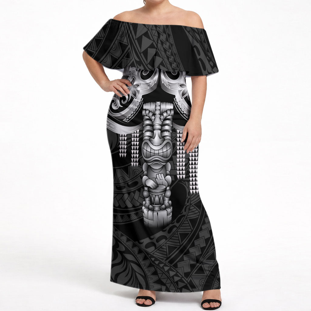 Tiki Drum Hawaii Off Shoulder Maxi Dress Hawaiian Kakau Tattoo Style LT14 Women Black - Polynesian Pride