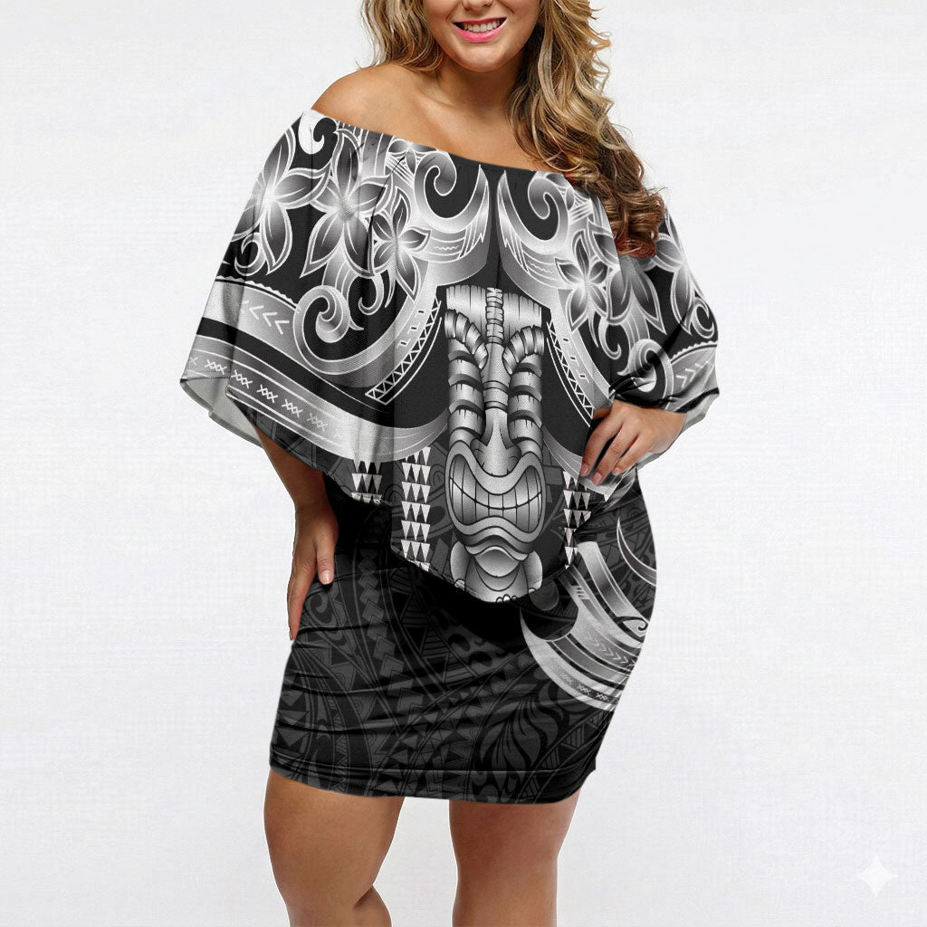 Tiki Drum Hawaii Off Shoulder Short Dress Hawaiian Kakau Tattoo Style LT14 Women Black - Polynesian Pride