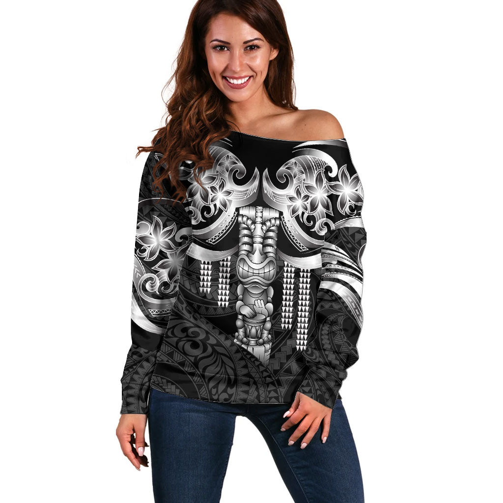 Tiki Drum Hawaii Off Shoulder Sweater Hawaiian Kakau Tattoo Style LT14 Women Black - Polynesian Pride