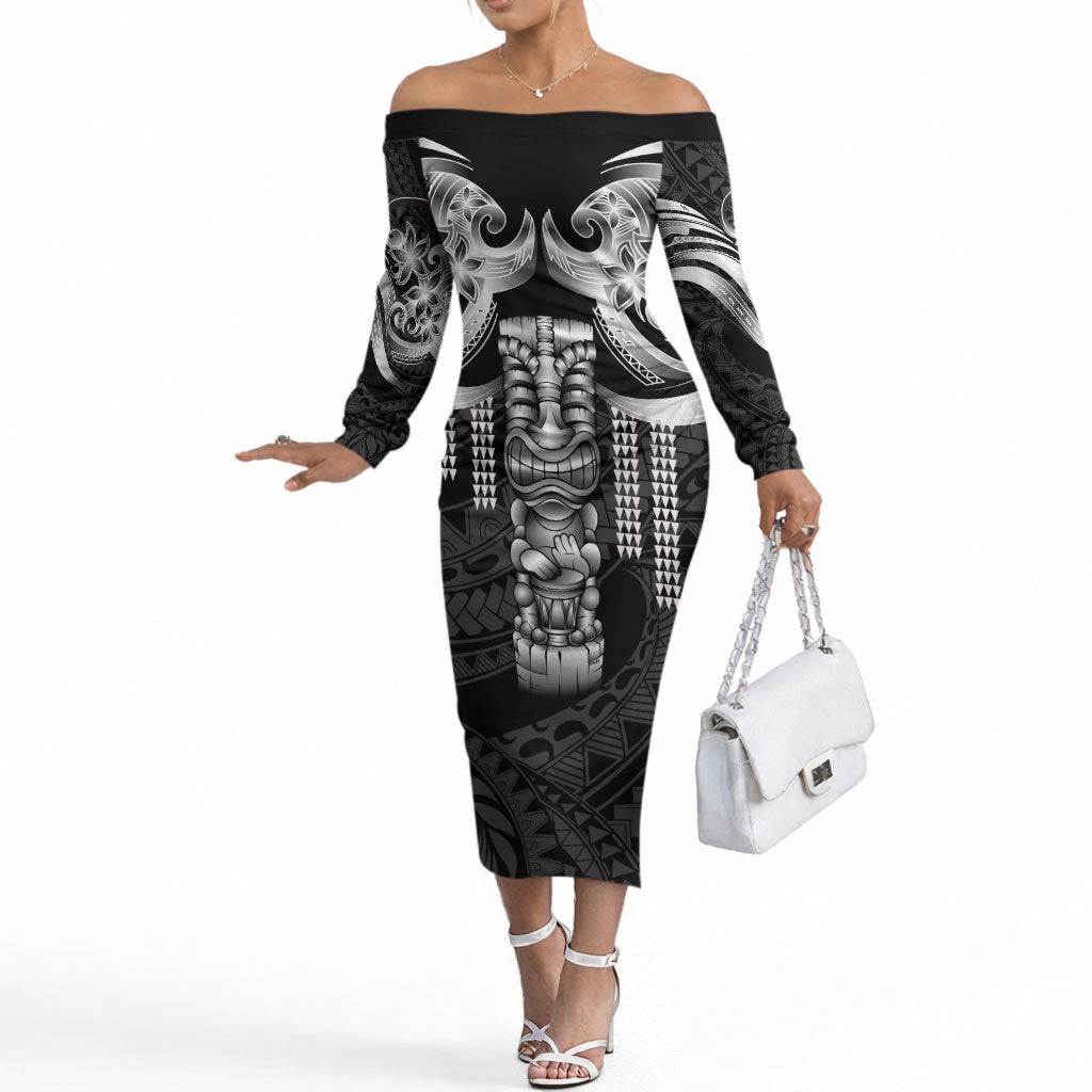 Tiki Drum Hawaii Off The Shoulder Long Sleeve Dress Hawaiian Kakau Tattoo Style LT14 Women Black - Polynesian Pride