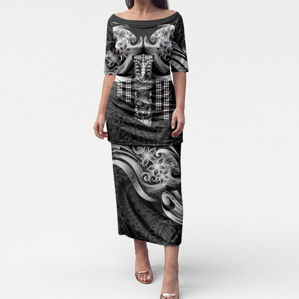 Tiki Drum Hawaii Puletasi Hawaiian Kakau Tattoo Style LT14 Long Dress Black - Polynesian Pride