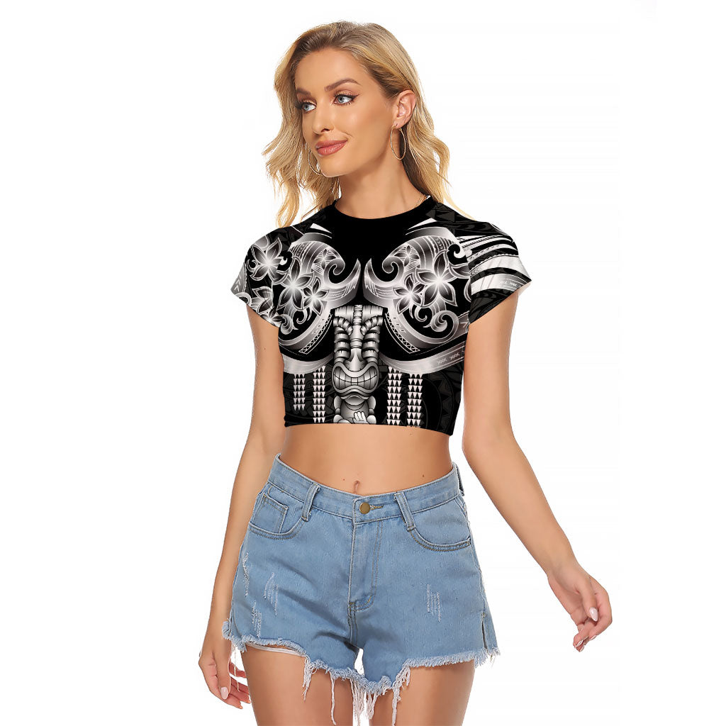 Tiki Drum Hawaii Raglan Cropped T Shirt Hawaiian Kakau Tattoo Style LT14 Female Black - Polynesian Pride