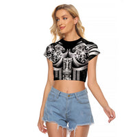 Tiki Drum Hawaii Raglan Cropped T Shirt Hawaiian Kakau Tattoo Style LT14 Female Black - Polynesian Pride