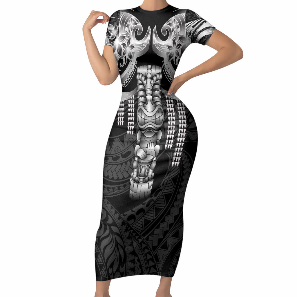 Tiki Drum Hawaii Short Sleeve Bodycon Dress Hawaiian Kakau Tattoo Style LT14 Long Dress Black - Polynesian Pride