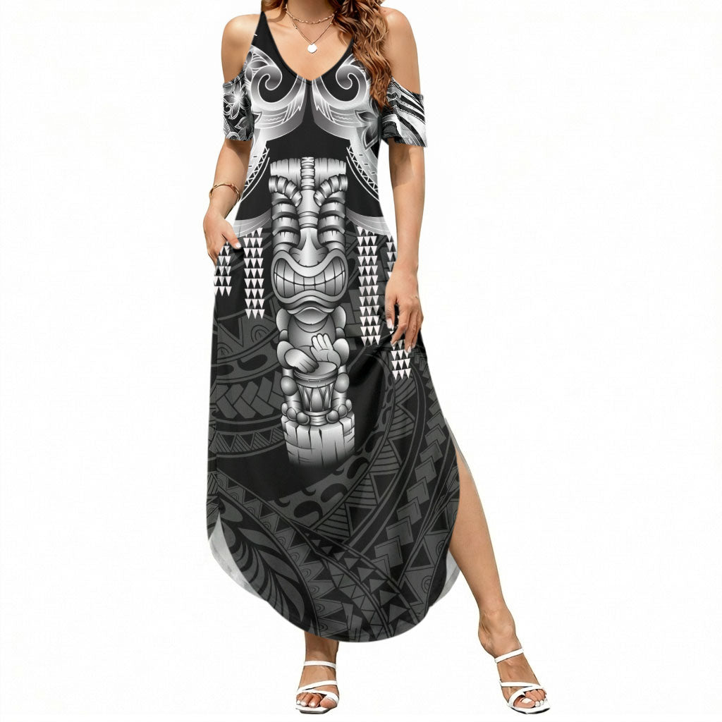 Tiki Drum Hawaii Summer Maxi Dress Hawaiian Kakau Tattoo Style LT14 Women Black - Polynesian Pride