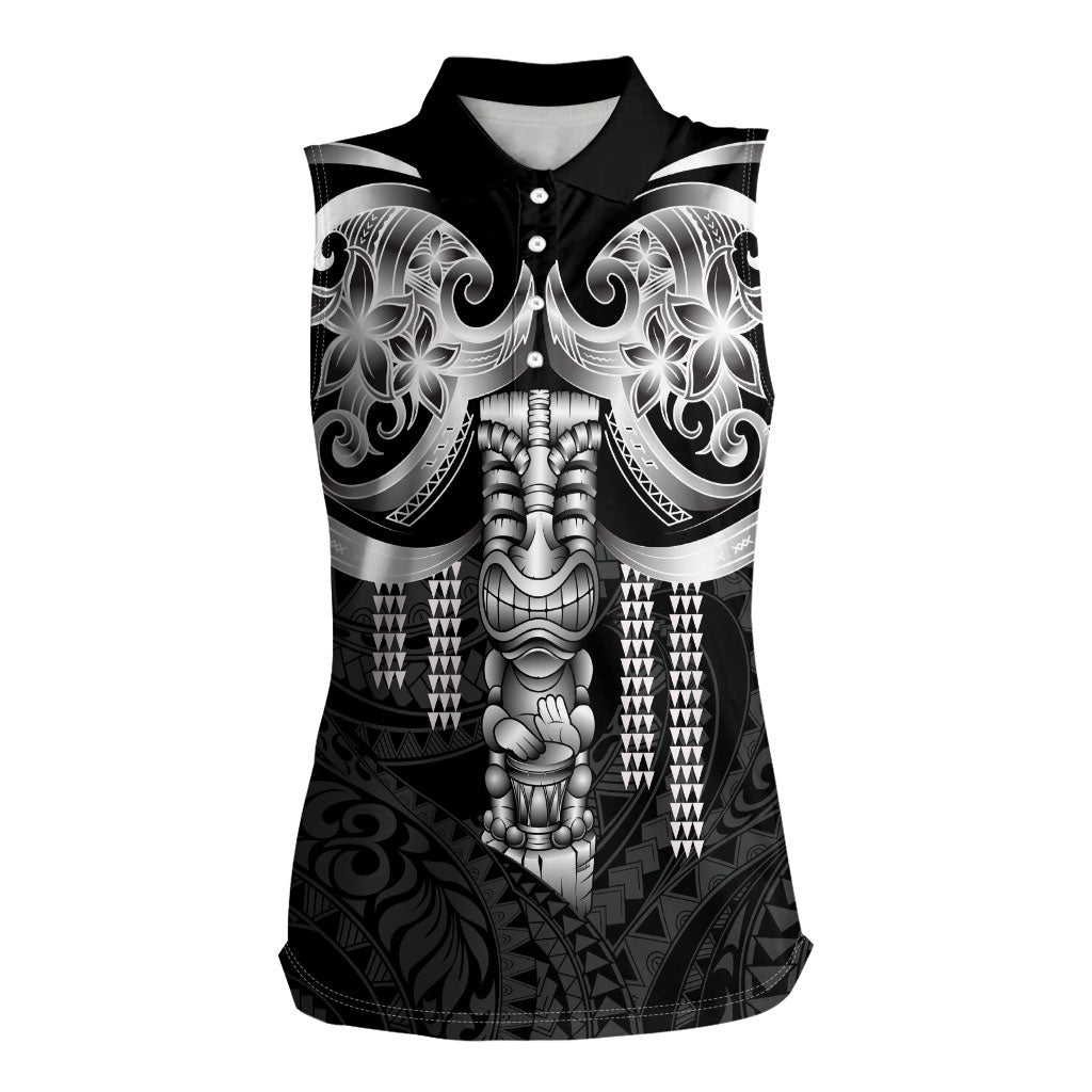 Tiki Drum Hawaii Women Sleeveless Polo Shirt Hawaiian Kakau Tattoo Style LT14 Female Black - Polynesian Pride