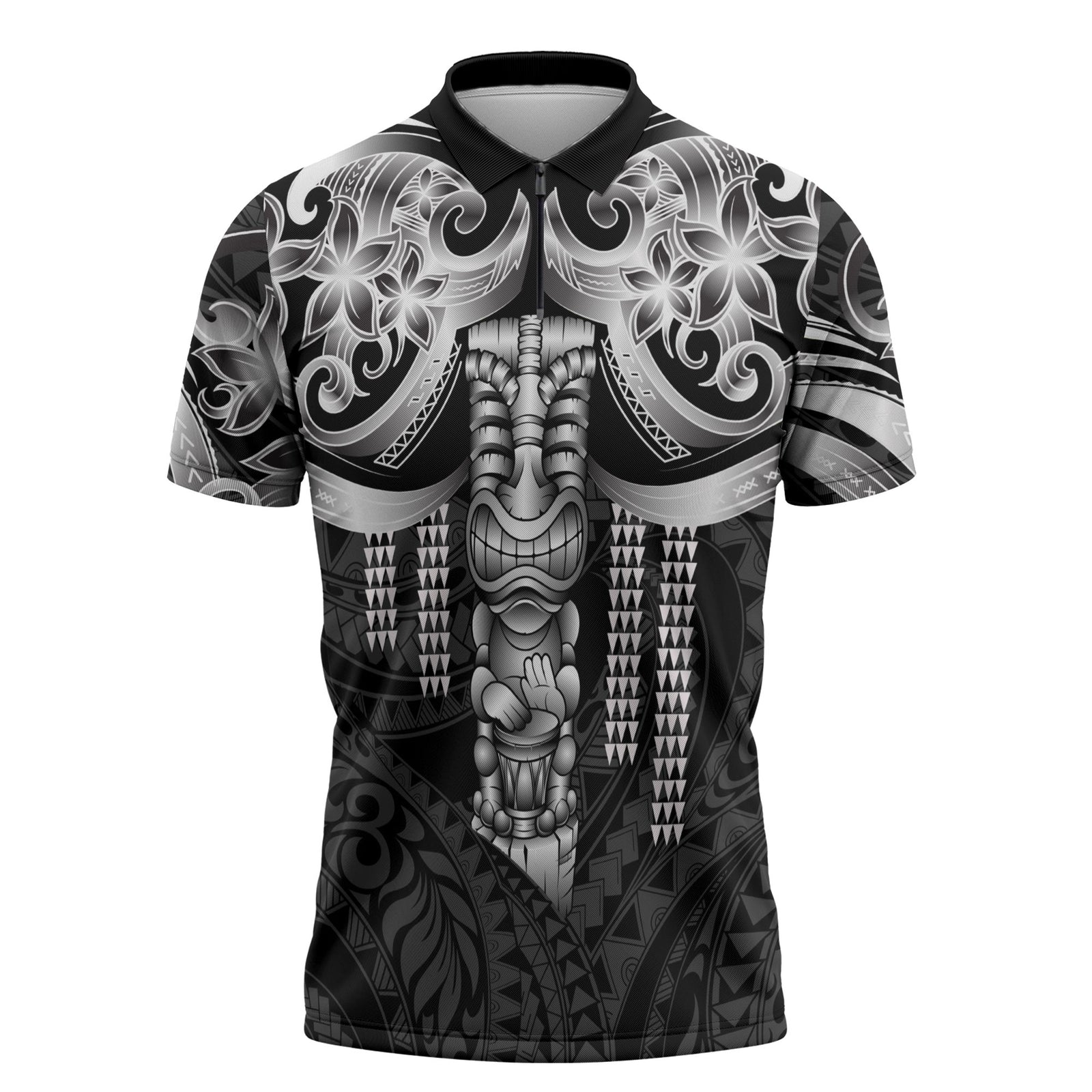 Tiki Drum Hawaii Zipper Polo Shirt Hawaiian Kakau Tattoo Style LT14 Black - Polynesian Pride