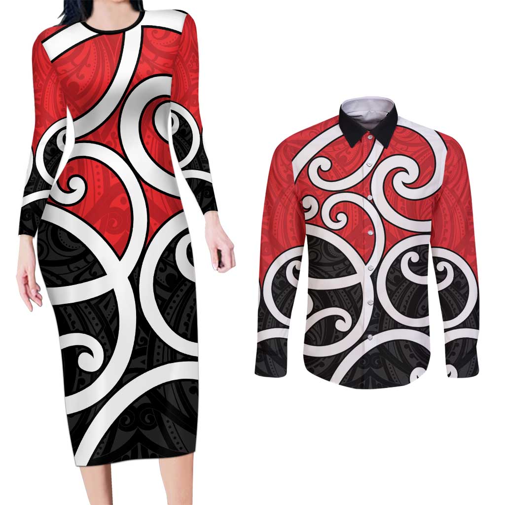 New Zealand Couples Matching Long Sleeve Bodycon Dress and Long Sleeve Button Shirt Maori Koru Tino Rangatiratanga Color LT14 Red - Polynesian Pride