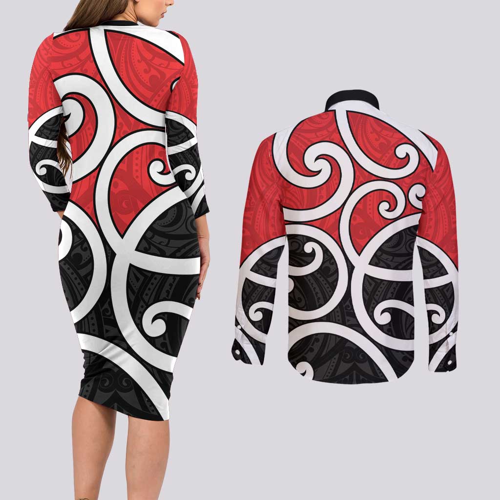 New Zealand Couples Matching Long Sleeve Bodycon Dress and Long Sleeve Button Shirt Maori Koru Tino Rangatiratanga Color LT14 - Polynesian Pride