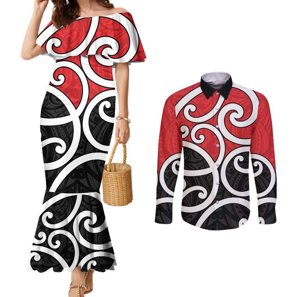 New Zealand Couples Matching Mermaid Dress and Long Sleeve Button Shirt Maori Koru Tino Rangatiratanga Color LT14 Red - Polynesian Pride