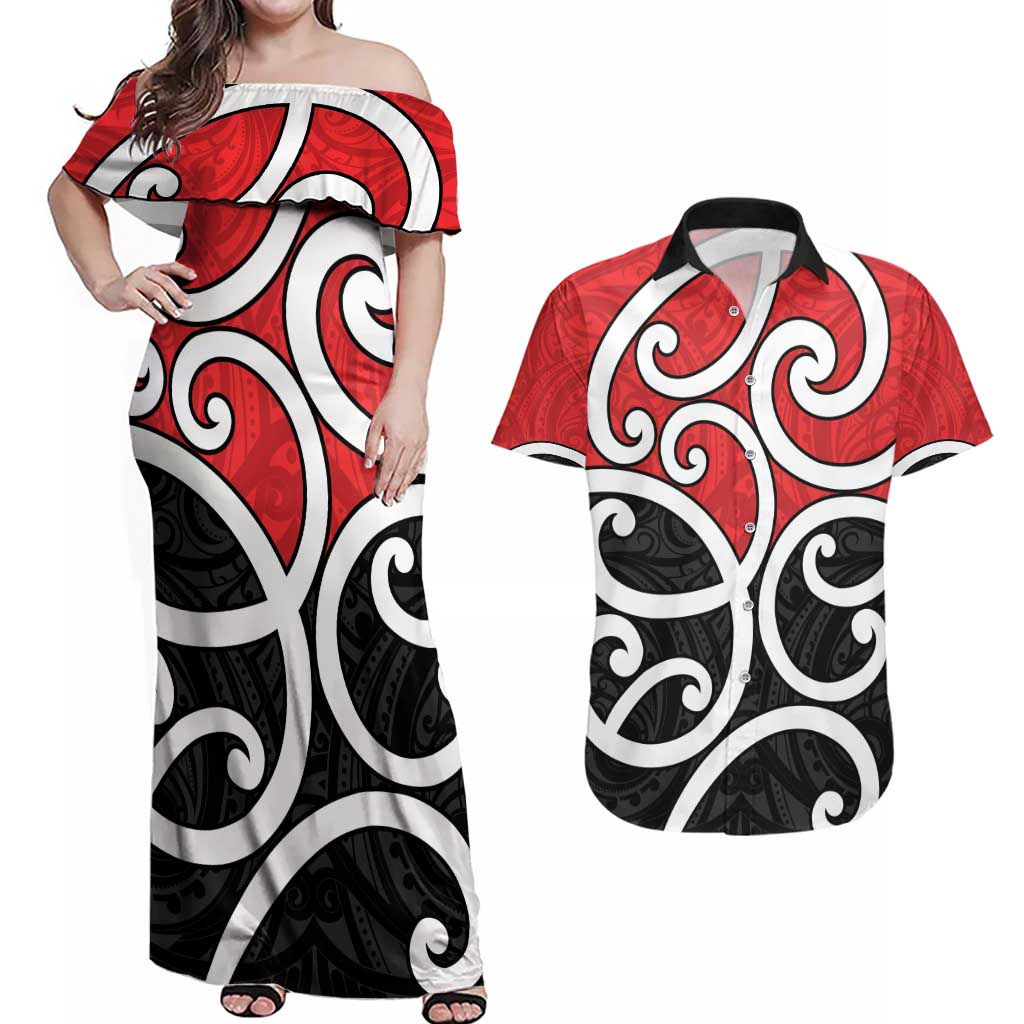 New Zealand Couples Matching Off Shoulder Maxi Dress and Hawaiian Shirt Maori Koru Tino Rangatiratanga Color LT14 Red - Polynesian Pride
