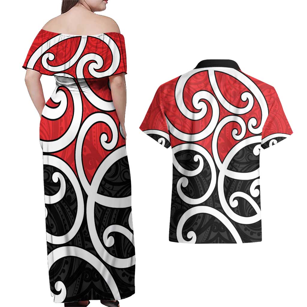 New Zealand Couples Matching Off Shoulder Maxi Dress and Hawaiian Shirt Maori Koru Tino Rangatiratanga Color LT14 - Polynesian Pride