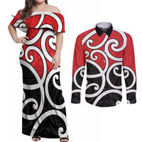New Zealand Couples Matching Off Shoulder Maxi Dress and Long Sleeve Button Shirt Maori Koru Tino Rangatiratanga Color LT14 Red - Polynesian Pride