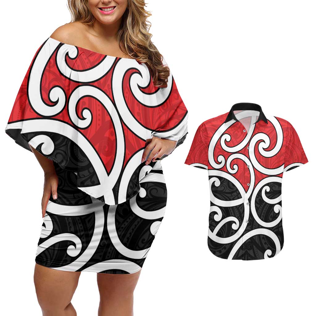 New Zealand Couples Matching Off Shoulder Short Dress and Hawaiian Shirt Maori Koru Tino Rangatiratanga Color LT14 Red - Polynesian Pride